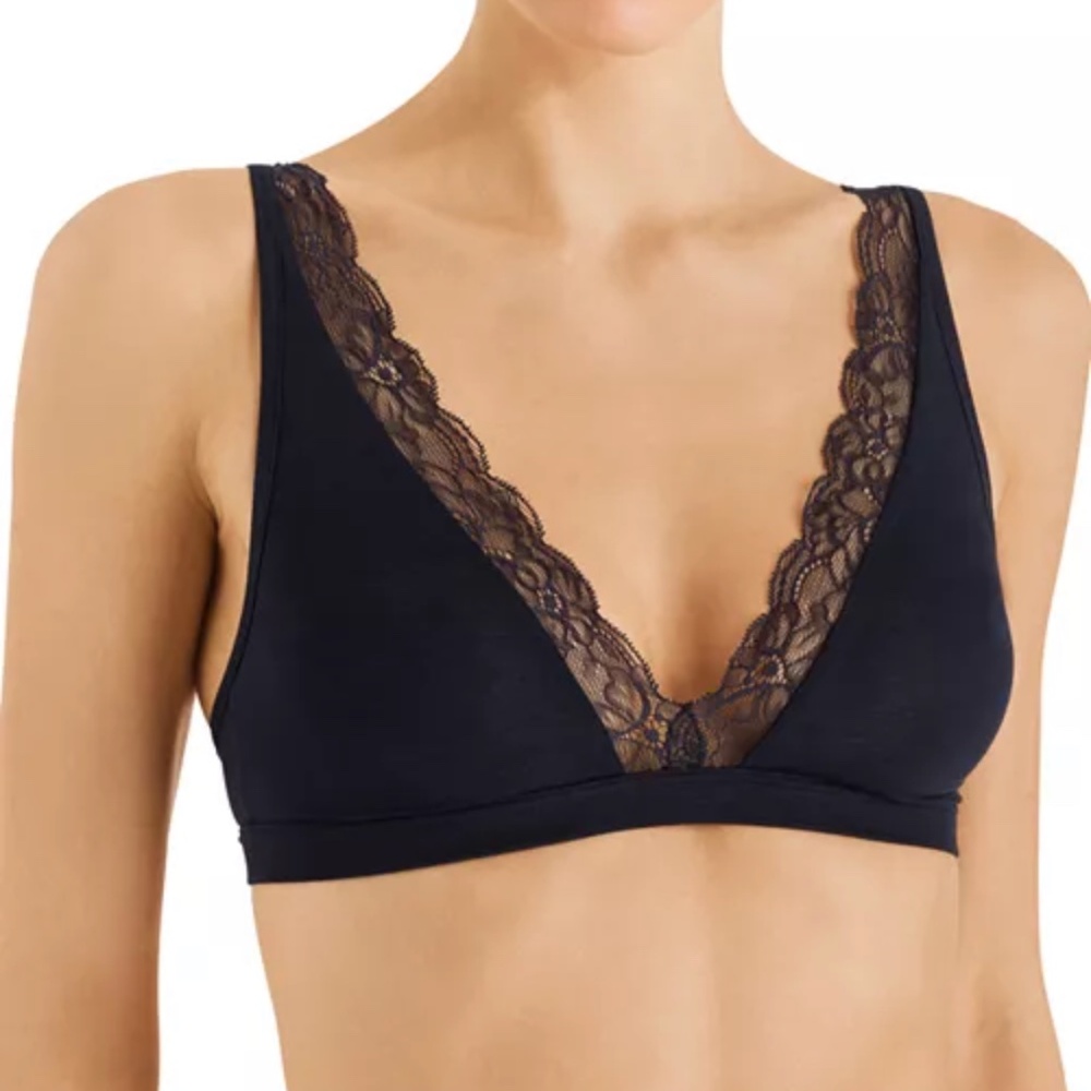 Hanro Cotton Lace Trim Bralette, Deep Navy Color, Size 32C